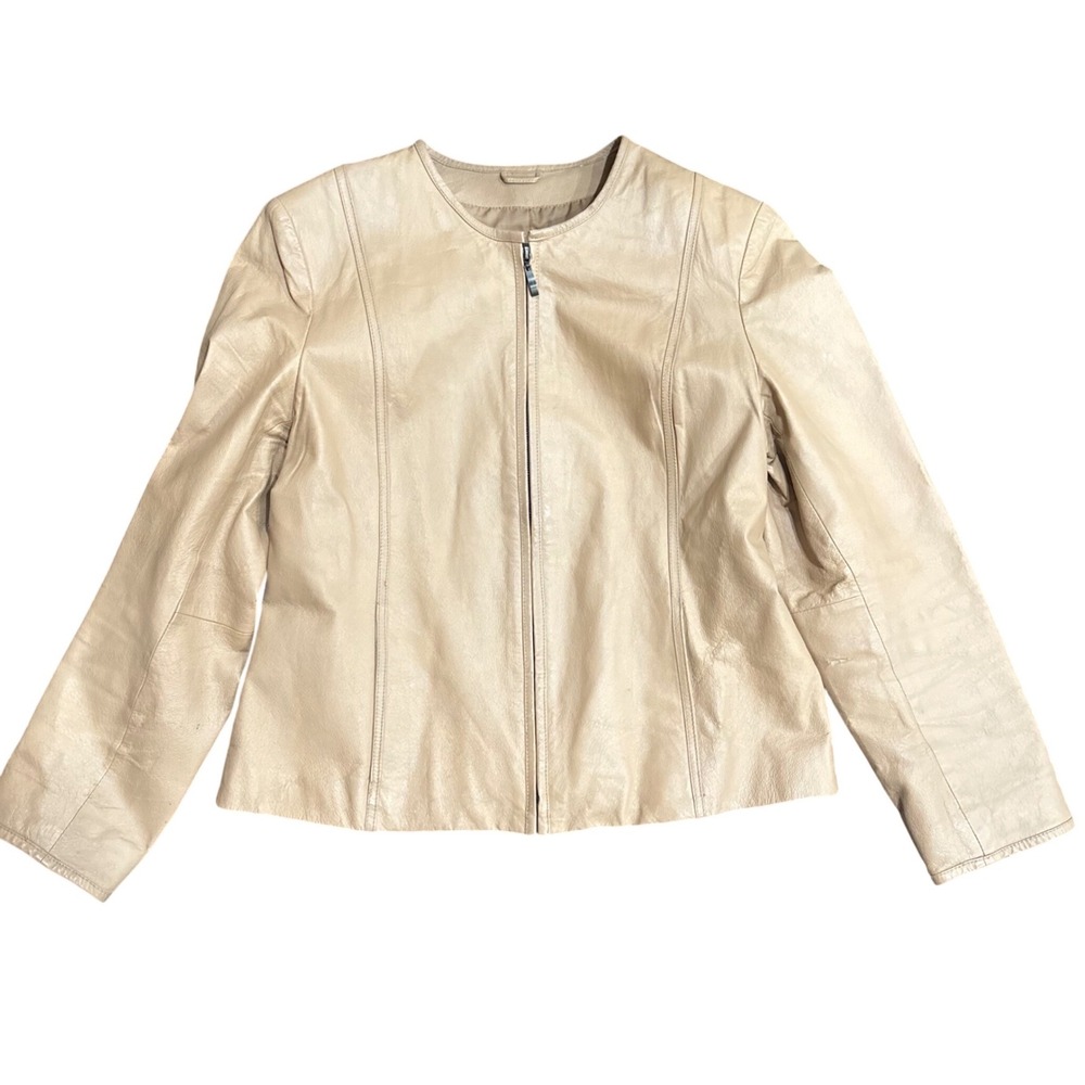 Uniform John Paul Richard Beige Genuine Leather Jacket Size 14 Collarless Zip Up
